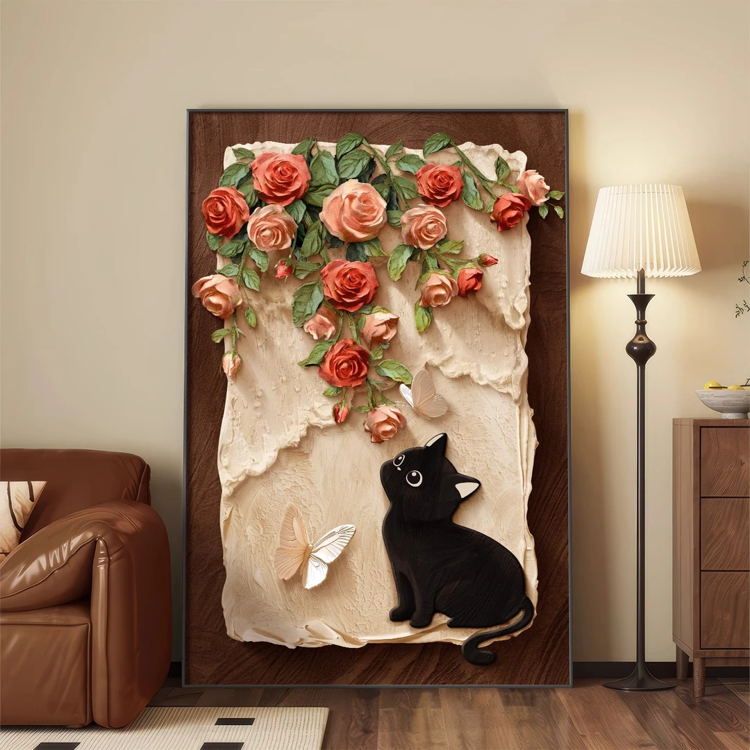 中古风猫咪客厅装饰画玫瑰高级感落地画复古沙发背景墙挂画玄关画