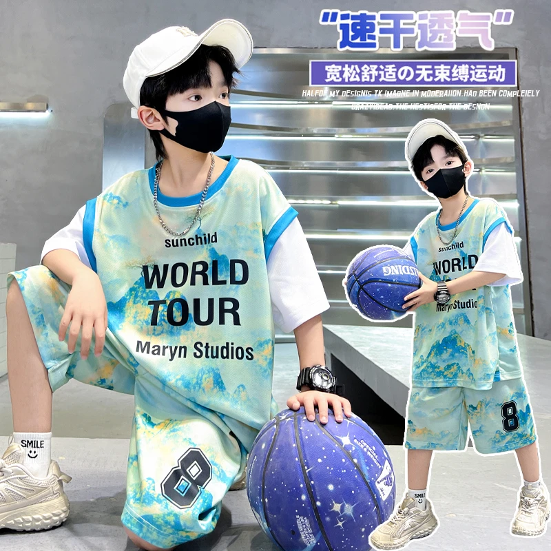 男童中大童夏季新款时尚洋气运动儿童透气亲肤速干8号球服套装