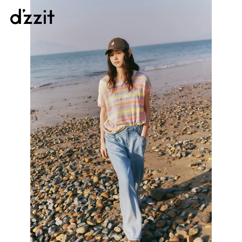 【商场同款新品】dzzit地素短袖针织衫25夏彩条斜肩上衣女3J2E322