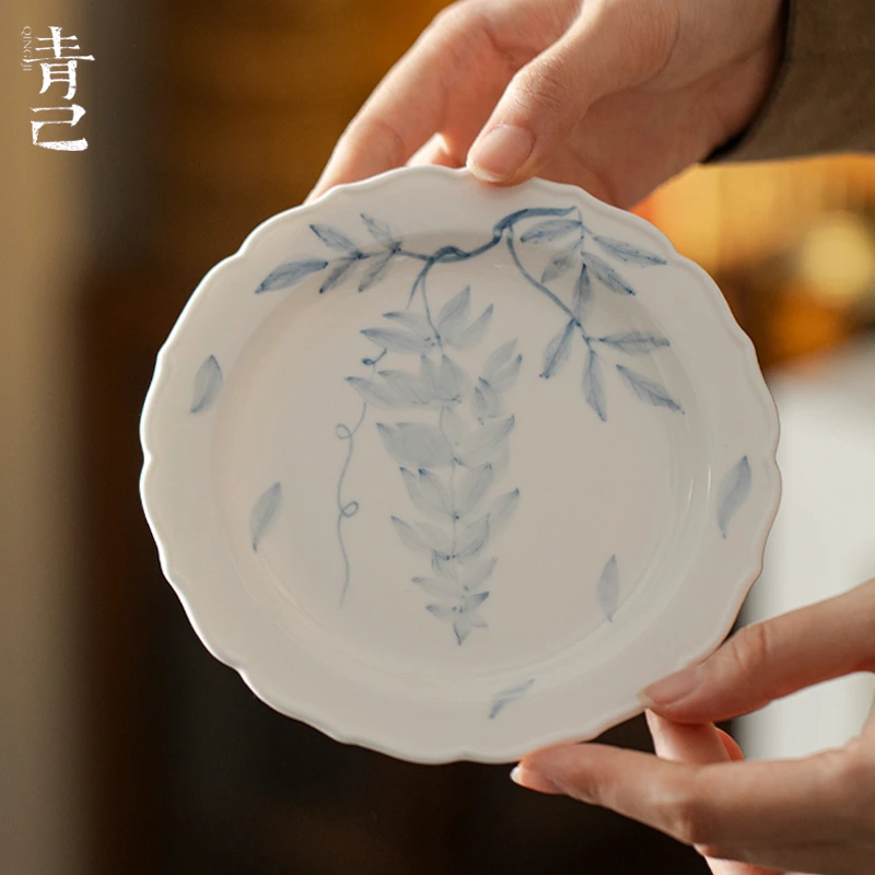 青己手绘花口陶瓷家用壶承茶道配件浅绘紫藤花干泡盘茶具茶点盘