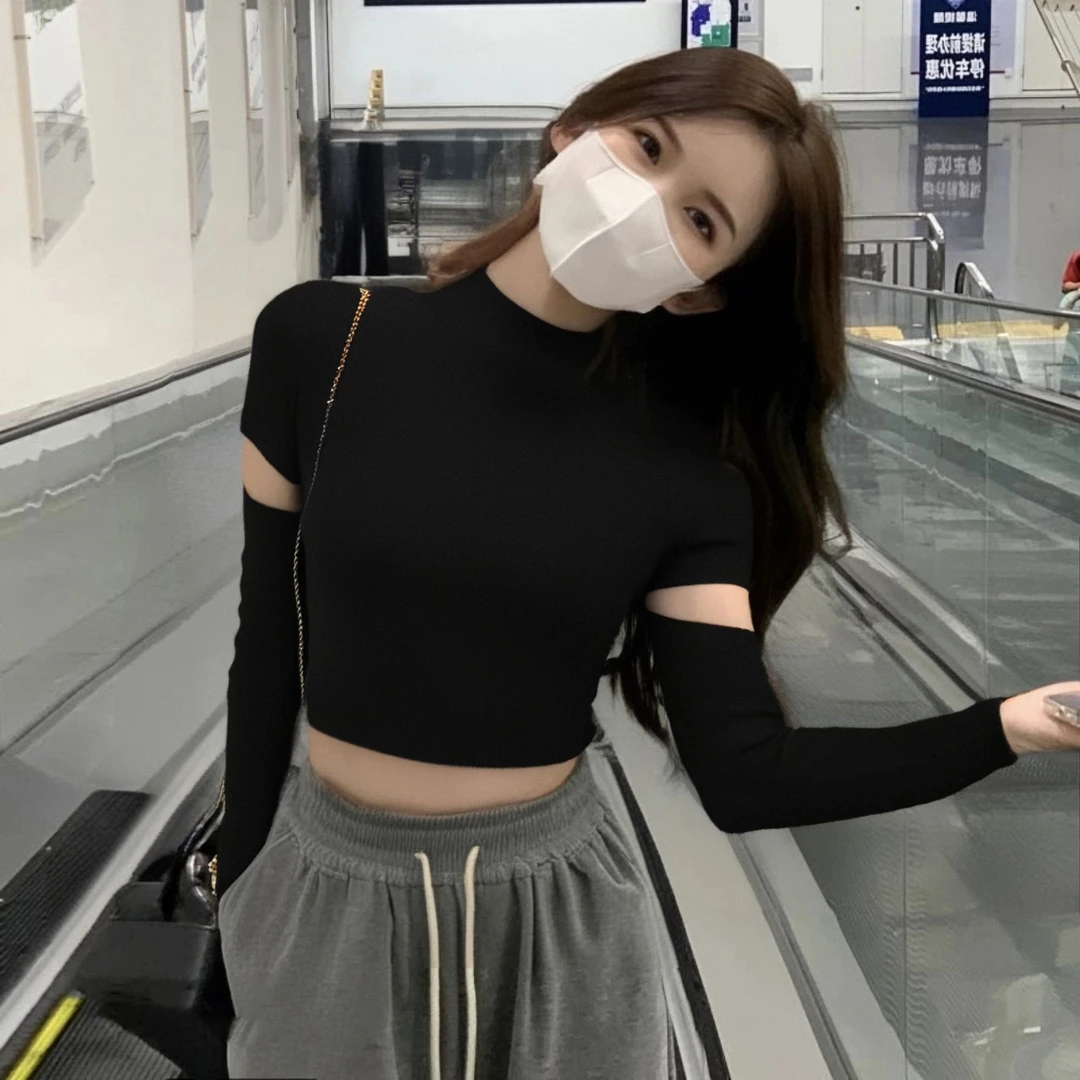 时尚辣妹镂空长袖T恤女2025新款早秋洋气短款露脐打底衫内搭上衣