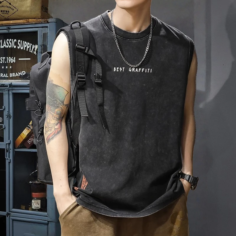 夏季复古做旧蜡染纯棉砍袖背心男新款美式痞帅无袖t恤重磅体恤衫
