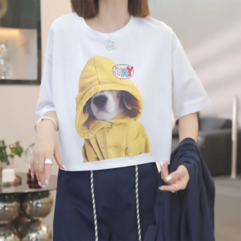 2025夏季新款韩版圆领卡通印花T恤女小个子宽松休闲百搭打底上衣