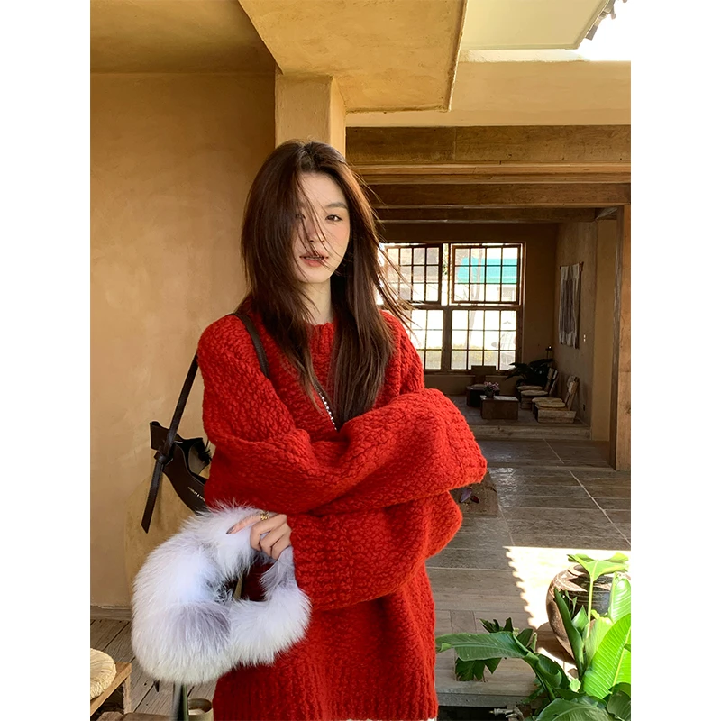 慵懒风复古宽松红色针织毛衣女温柔风穿搭休闲气质显瘦百搭半身裙