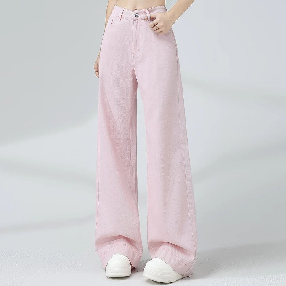 CW.MM 粉色高腰直筒夏季薄款牛仔裤