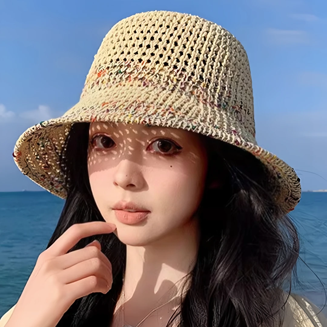韩版时尚草编渔夫帽女夏季透气显脸小水桶帽大帽檐遮阳防晒草编