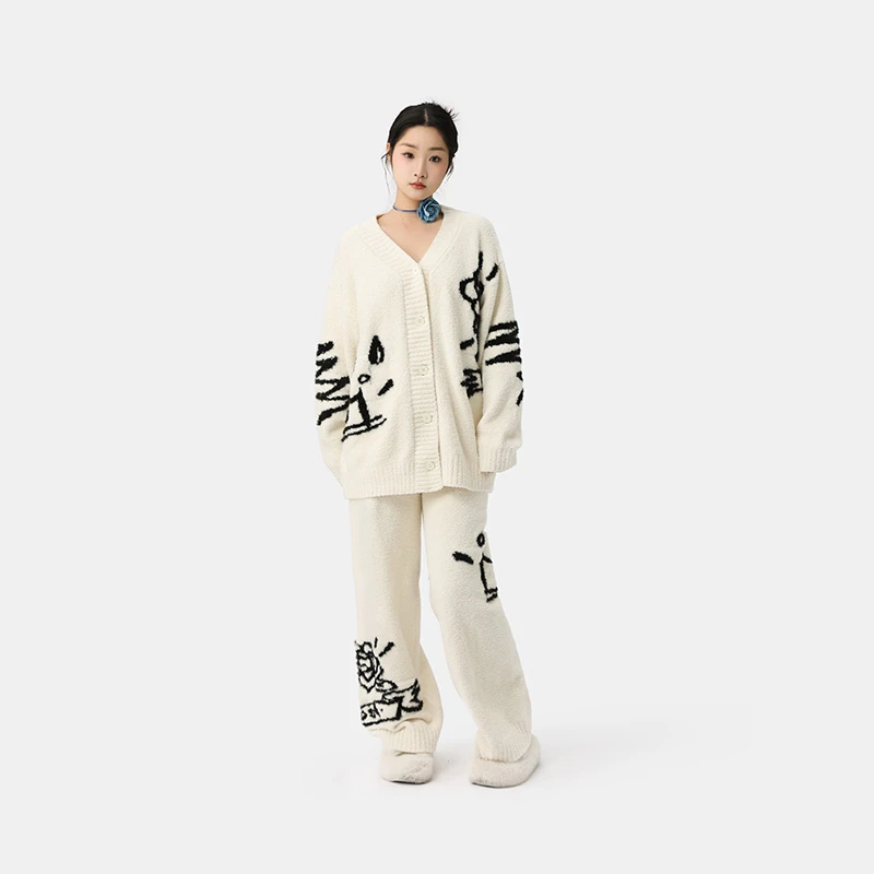 艺术鸭半边绒开衫家居服宽松条纹加厚保暖情侣原创睡衣女款