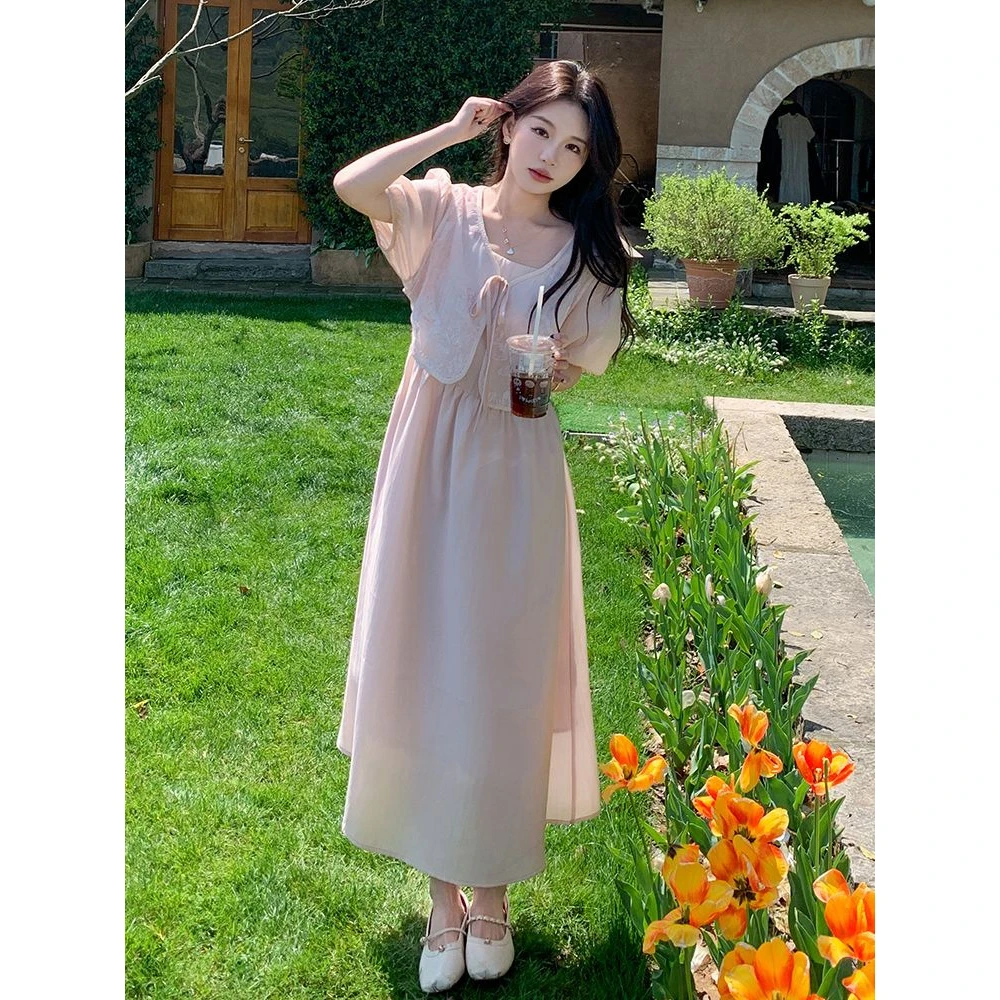 温柔风淡粉色假两件连衣裙子女夏2024新款夏季法式富家千金感长裙