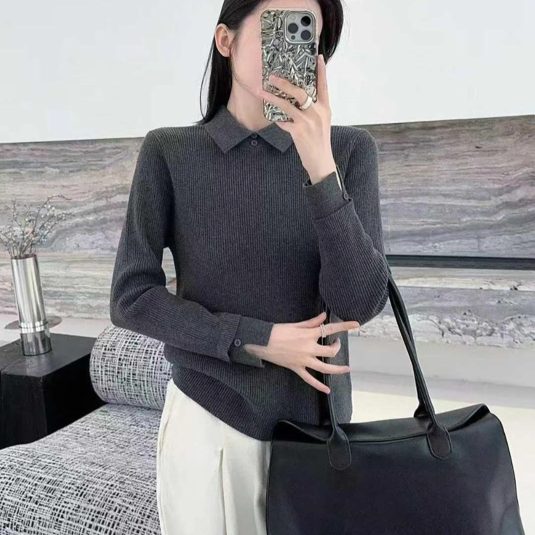 老钱风polo领翻领大码长袖针织打底衫女秋冬气质女装毛衣内搭上衣
