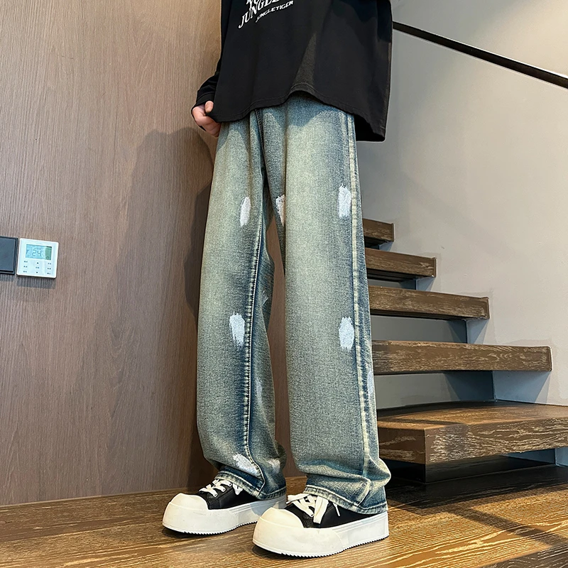隐匿者牛仔裤男2025春季新款刷漆设计感长裤美式潮流百搭直筒裤男