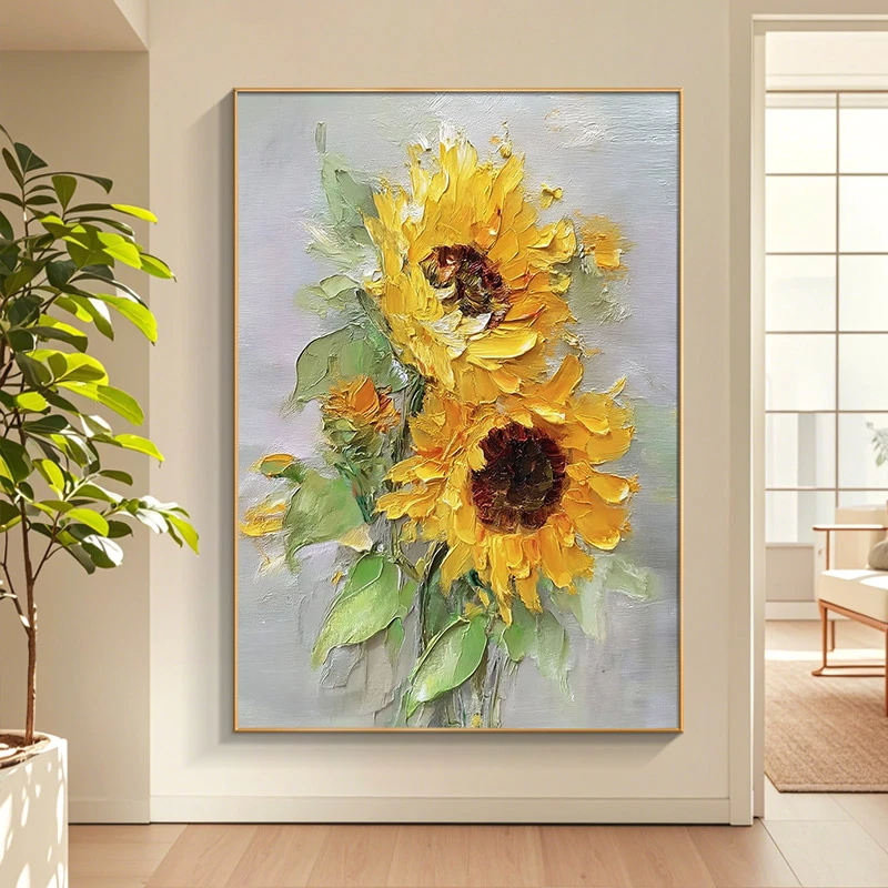 【向阳】手绘油画客厅背景墙挂画向日葵北欧风花卉奶油风玄关装饰画