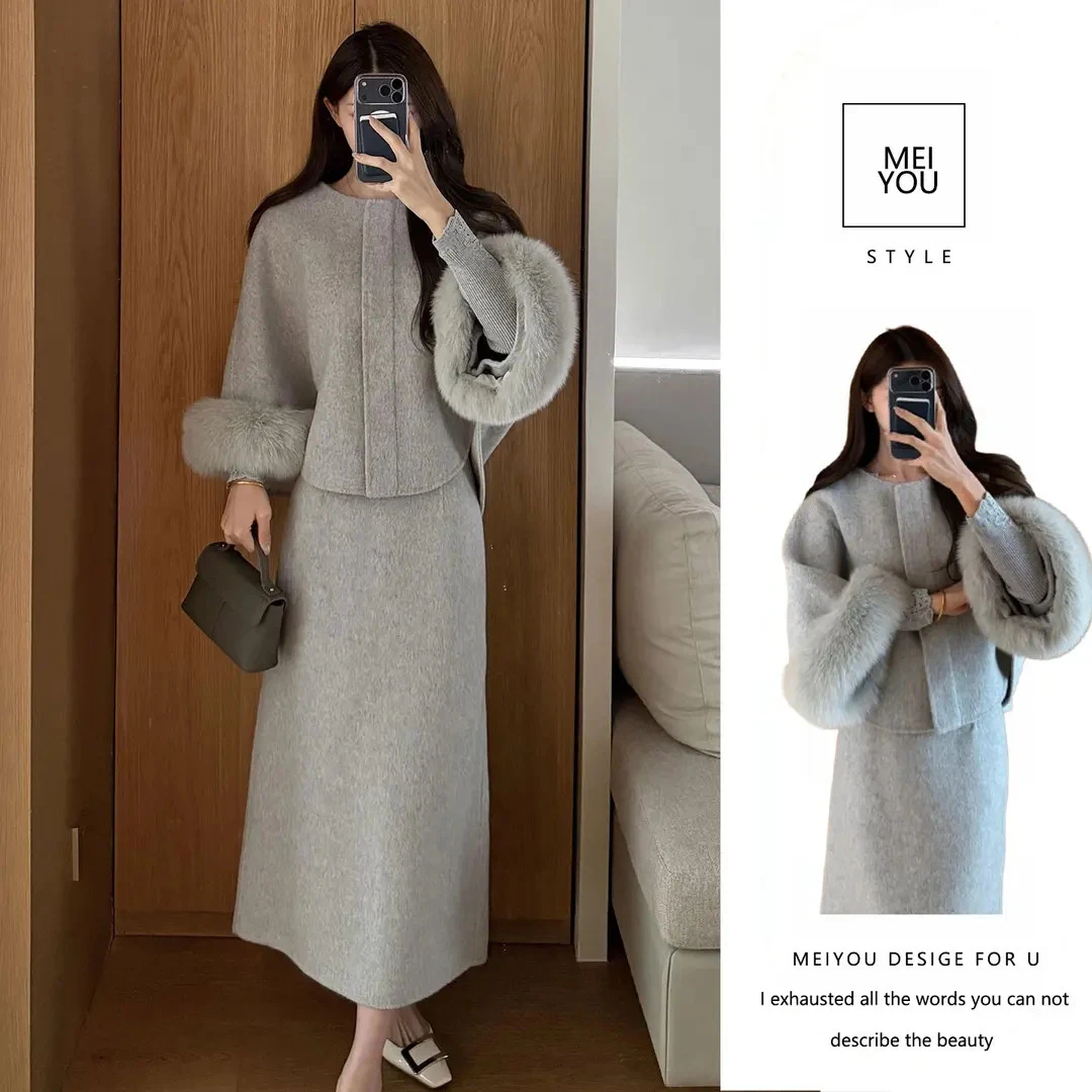 秋冬大方得体穿搭一整套女小香风气质高级灰色外套搭配半身裙套装