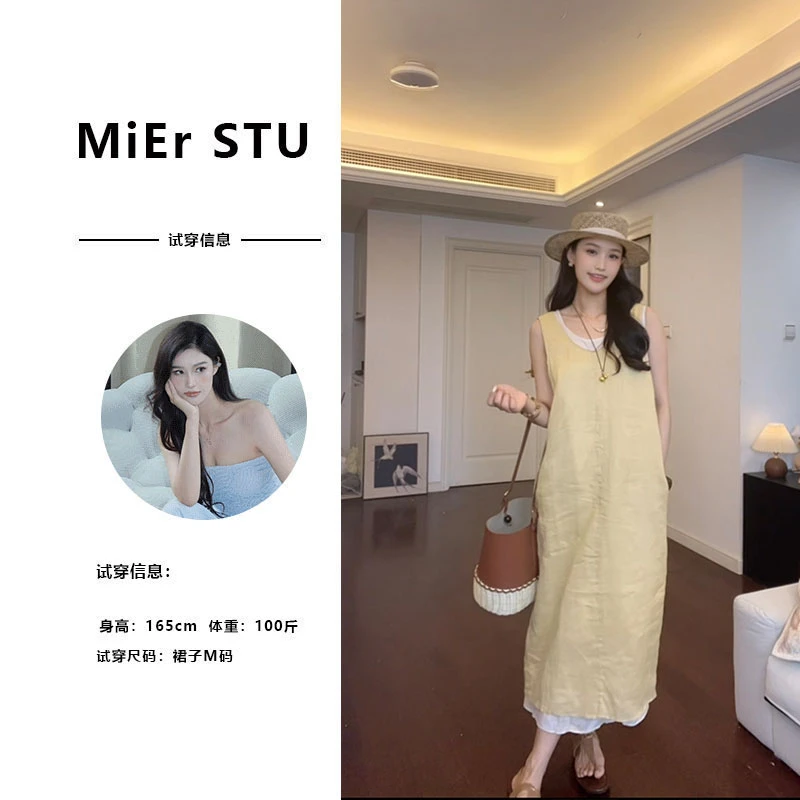 【米儿】夏季上新真两件无袖叠穿亚麻无袖连衣裙2585