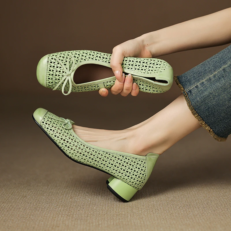 3.5cm 单鞋女春夏季新款圆头粗跟浅口洞洞女凉鞋法式复古真皮女鞋