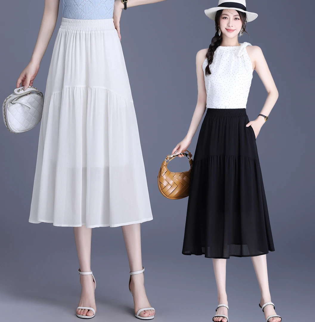 口袋高腰薄款褶皱A字裙半身裙雪纺轻薄时尚百搭中长裙侘寂风