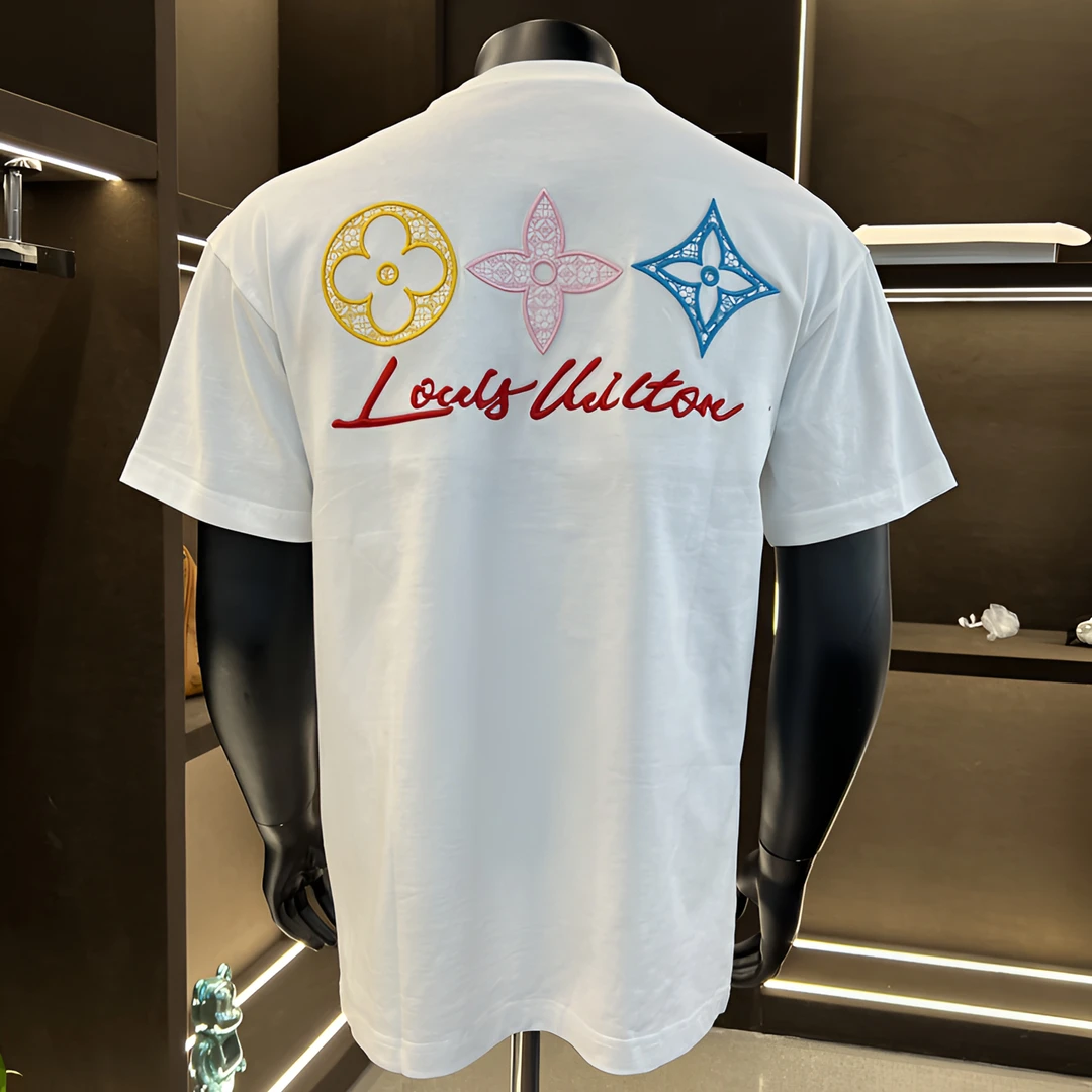 美式炫彩四叶草重工刺绣短袖纯棉圆领白带夏季男士禅意男装