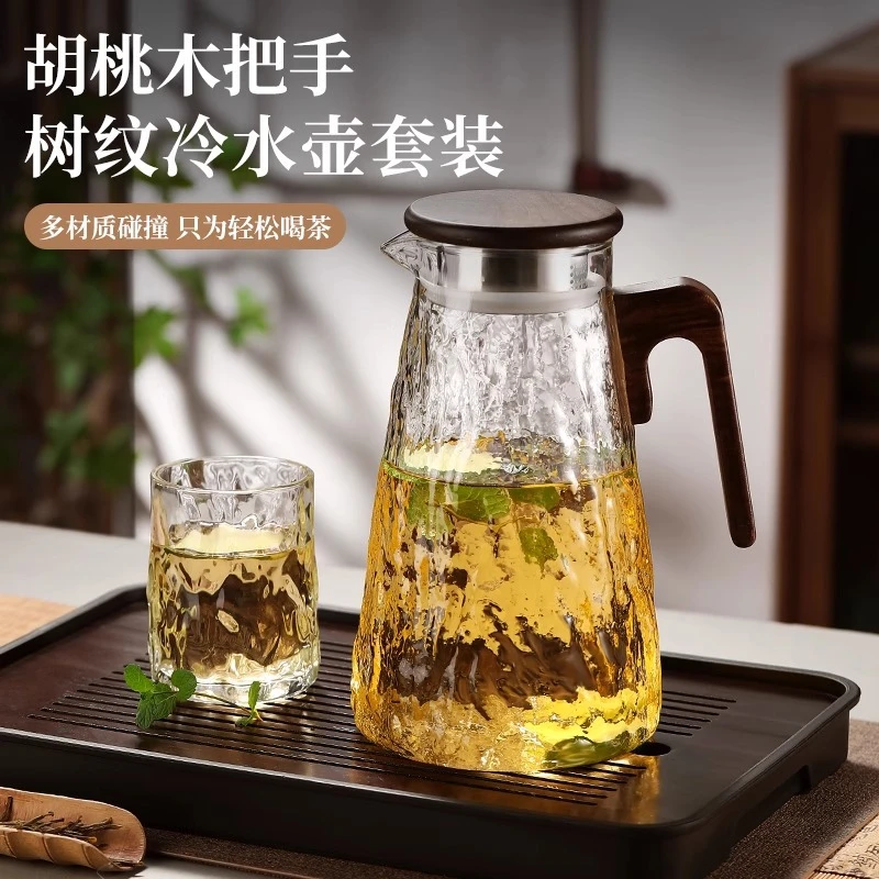 玻璃冷水壶爆款2025新款高颜值耐高温大容量胡桃木树纹家用凉水壶