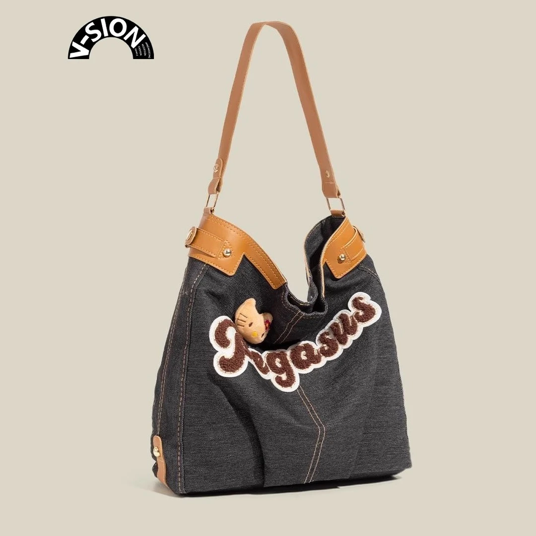 V-SION复古牛仔布腋下包女大容量通勤托特包单肩百搭休闲托特包女
