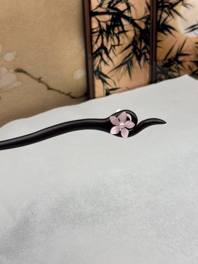 18厘米黑檀木直簪双面桃花日常休闲簪子挽发盘发