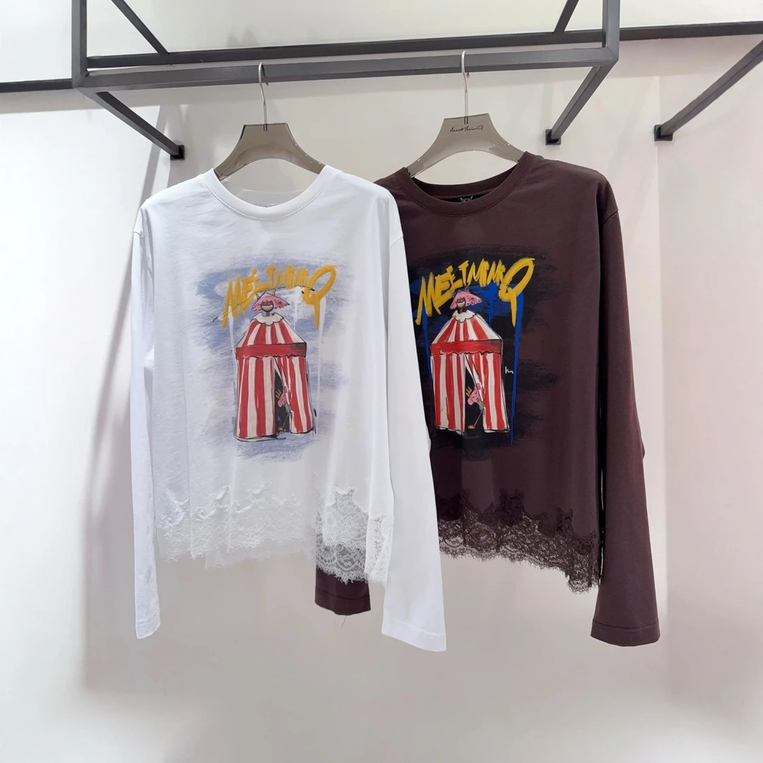 现货【帐篷拼蕾丝T恤】小众设计师款圆领蕾丝拼接长袖T恤简约内搭