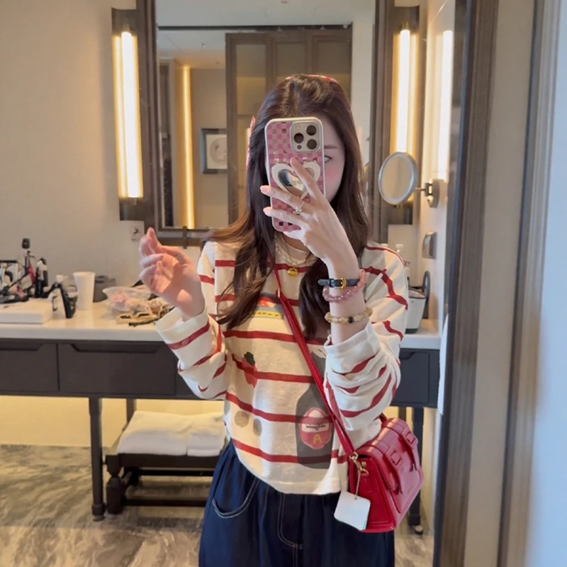 红色条纹冰丝长袖防晒t恤罩衫女秋季外搭修身短款空调衫上衣薄款