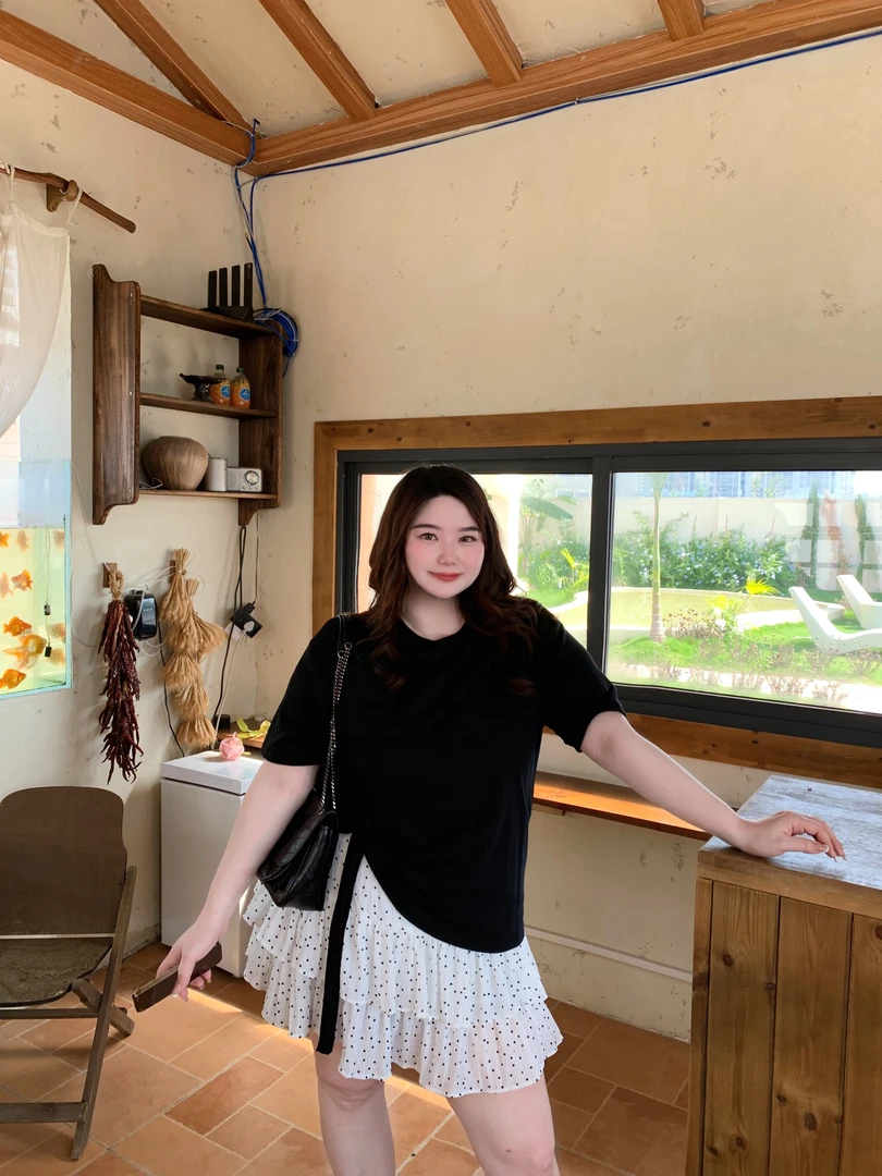 【设计感黑T】微胖大码显瘦百搭中长设计感不规则高级感黑色T恤白色