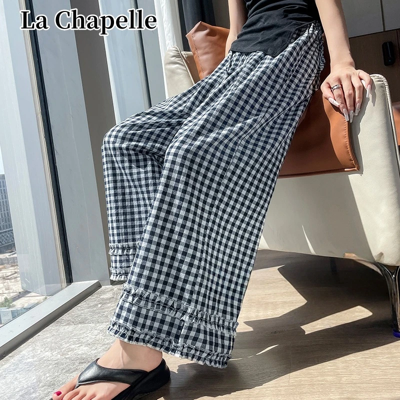 拉夏贝尔韩版高腰木耳边格子休闲裤女夏薄款松紧腰九分直筒阔腿裤