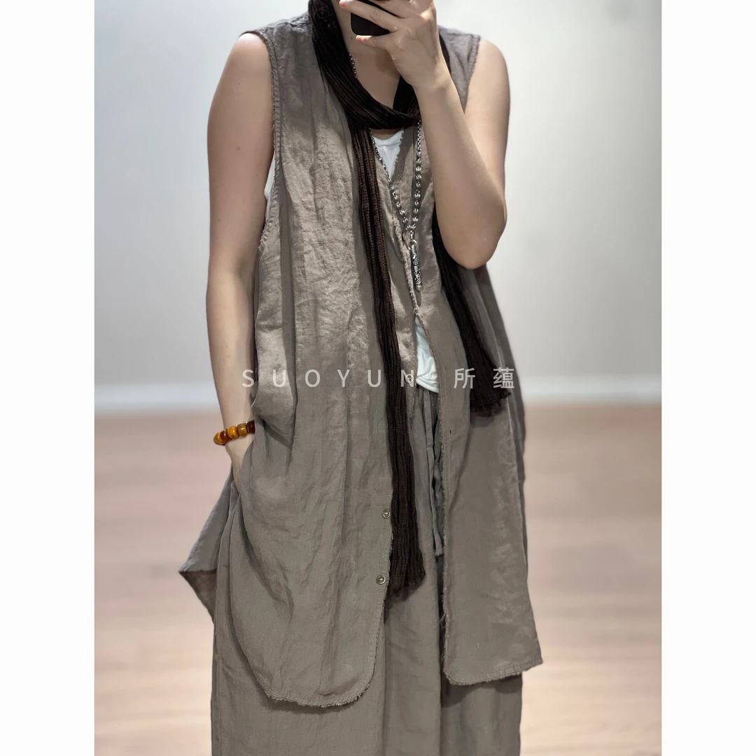 所蕴精品夏季新款亚麻长款马甲时尚休闲飘逸大牌经典女士马夹
