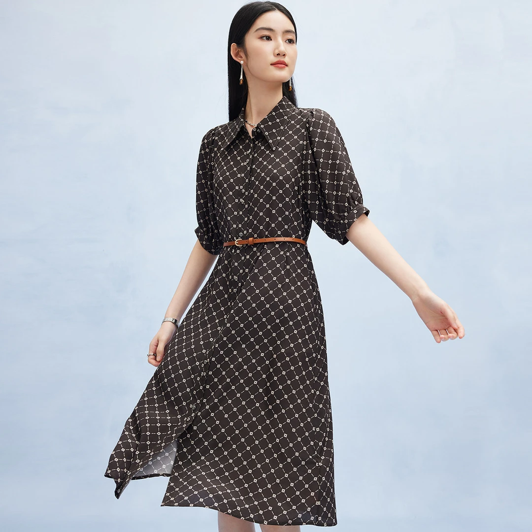 春夏翻领商务通勤印花收腰重磅真丝连衣裙女ES2F0176Z