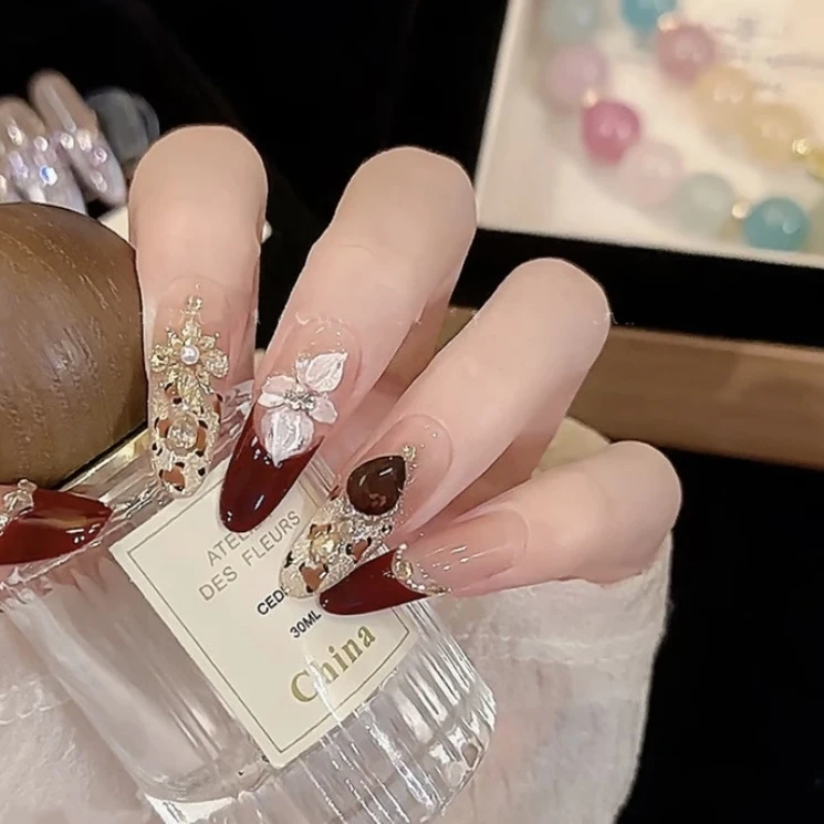 【红酒杯】秋冬新款红色带钻高级感可重复佩戴成品美甲手工穿戴甲