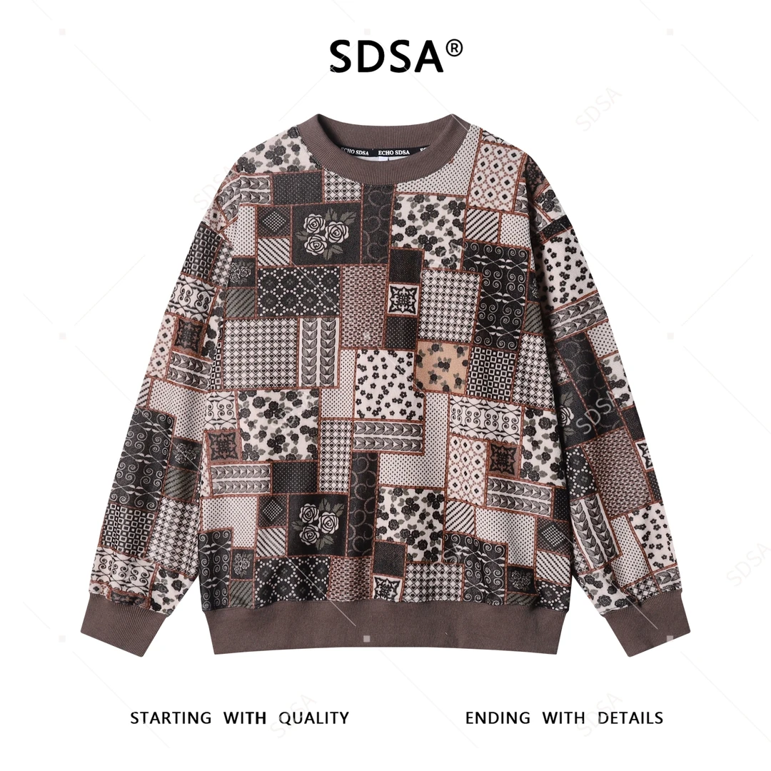 SDSA男士秋冬新款痞帅男装复古撞色植物花卉圆领卫衣休闲百搭上衣