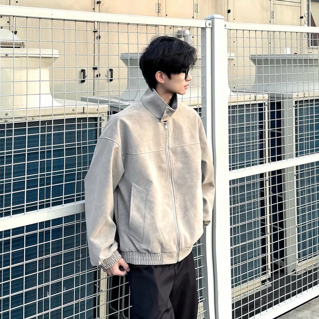 【GD潮牌】春秋美式复古擦色立领皮衣潮男百搭宽松高街夹克外套