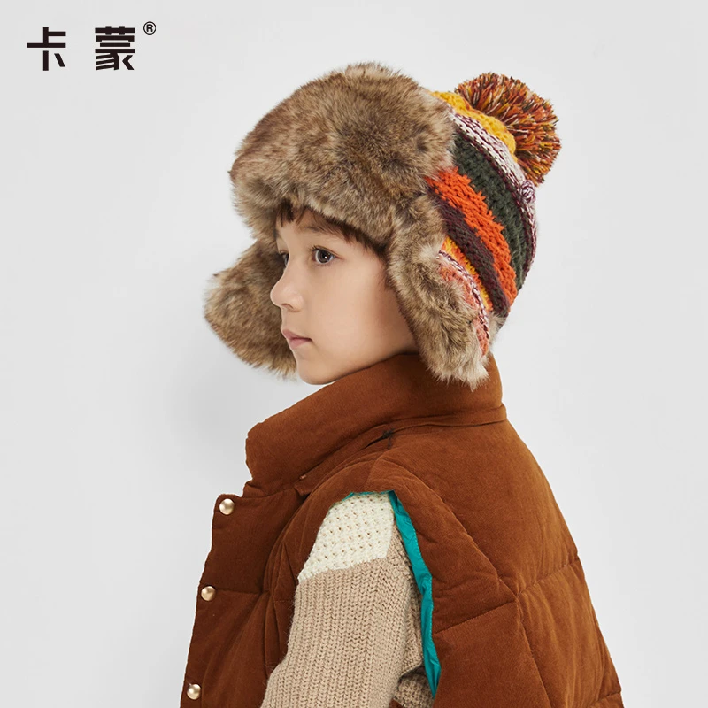 卡蒙 6-9岁儿童加绒护耳帽毛绒滑雪帽保暖雷锋帽 儿童