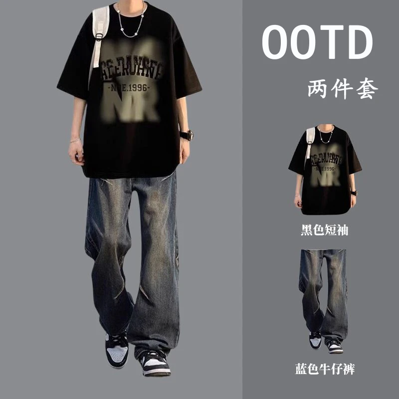 夏季休闲重磅T恤初高中生字母短袖时尚套装ins潮学生休闲宽松穿搭