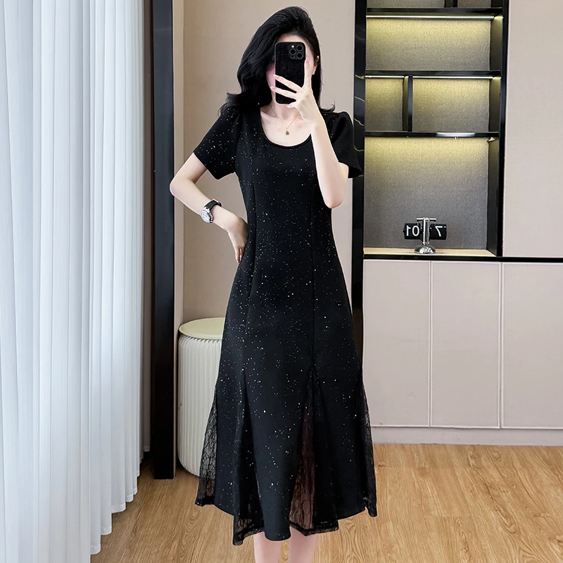 2025年新款连衣裙星空亮闪闪蕾丝拼接中长款大码连衣裙女法式短袖