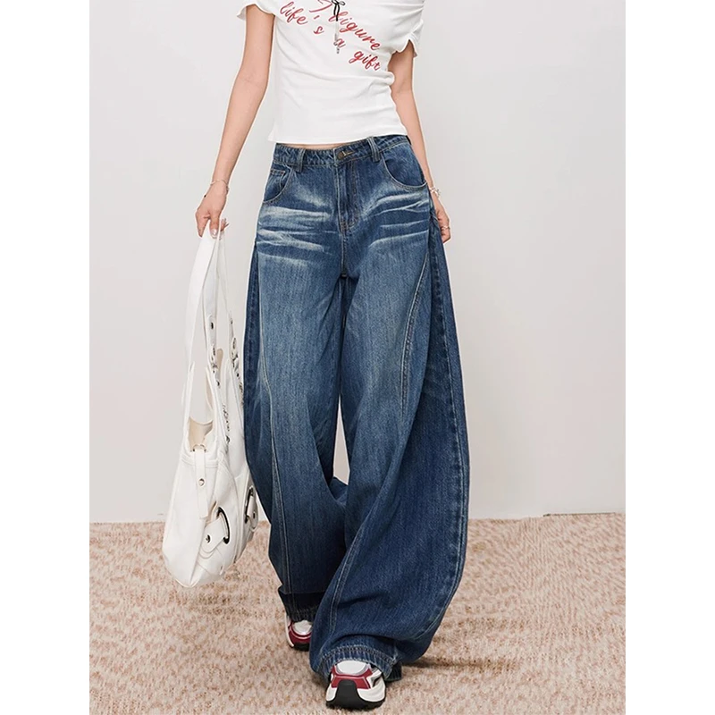 美式复古水洗弯刀牛仔裤女秋季高腰宽松直筒阔腿拖地垂感镰刀裤子