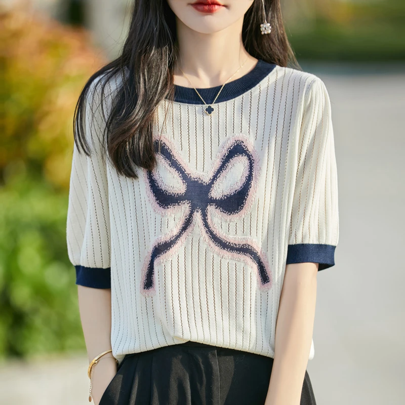 品牌撤柜清仓夏季桑蚕丝短袖T恤拼色蝴蝶印花宽松圆领针织上衣