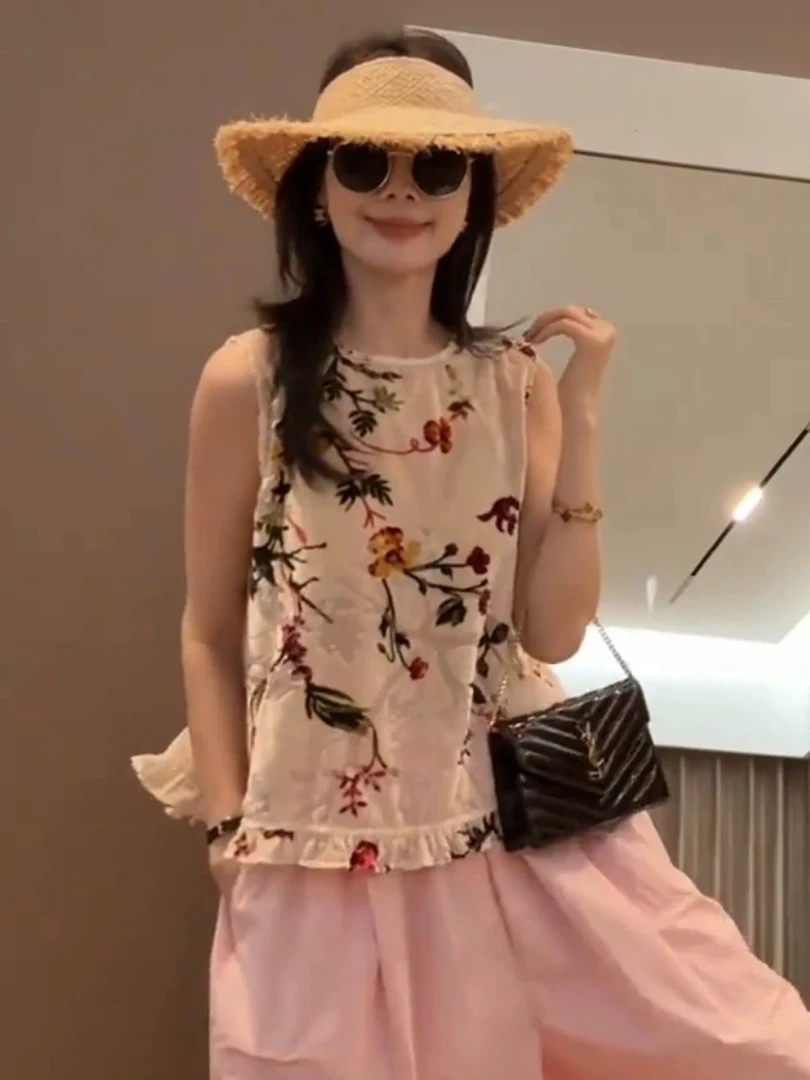 丝绒烧花无袖印花衬衫女夏季洋气高贵气质小上衣套装时尚洋气流行