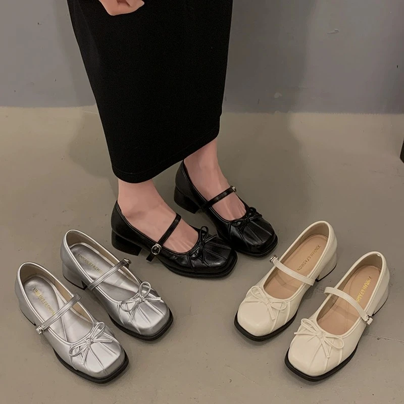 【顺丰现货包邮】贝壳头蝴蝶结方头玛丽珍跟鞋百搭中低跟一字带单鞋