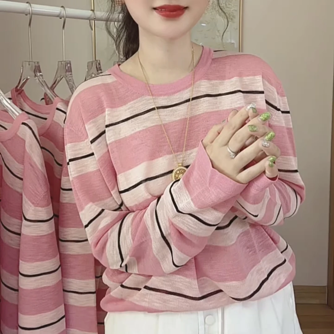 条纹长袖秋季针织防晒圆领宽松女上衣