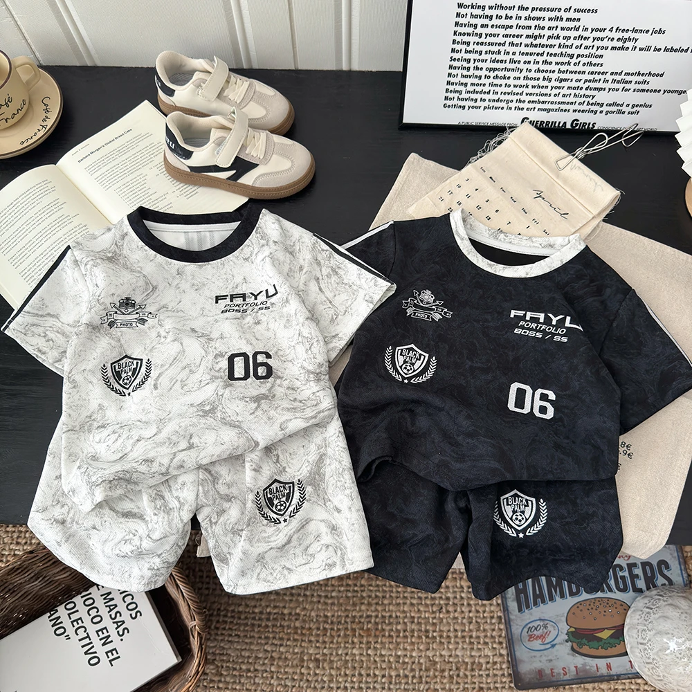 【男童高定二件套】儿童夏装韩版字母印花短袖中大童短裤运动风套装