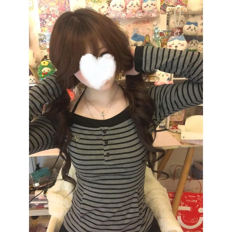 YIDENG辣妹假两件连帽挂脖长袖T恤女早秋撞色条纹修身显瘦打底衫