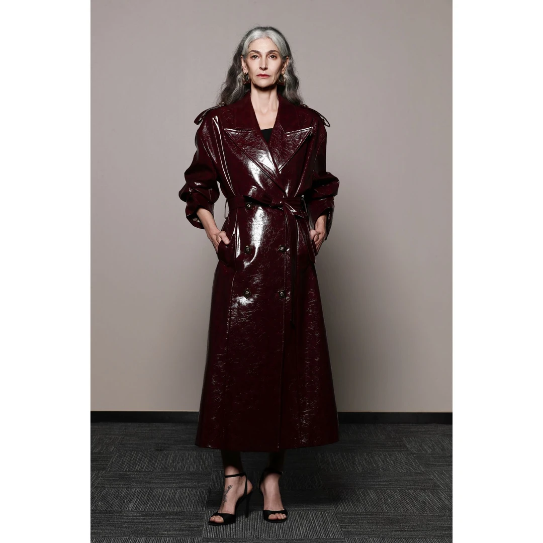 芈莱尤优—【魅影曦光】双排扣肩章亮面风衣X24A029-2