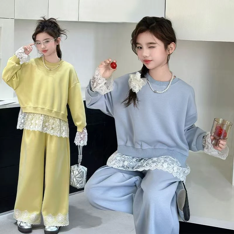 女童蕾丝边套装2025新款大儿童时髦休闲韩系卫衣女孩春装两件套