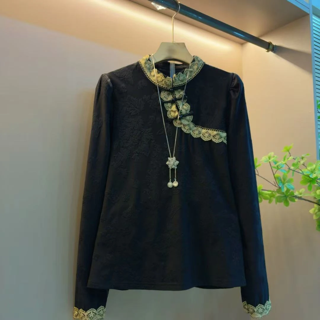 秋季轻奢新款古风盘扣拼接绣花显瘦百搭长袖上衣（衣62左右）