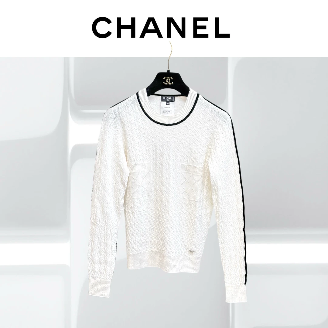 99新 Chanel/香奈儿 34码23K白色黑边暗纹羊绒上衣