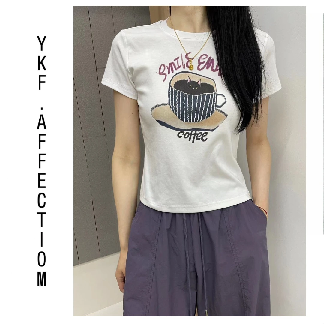 刺绣情侣修身型印花圆领休闲短款设计师短袖T恤夏季64009