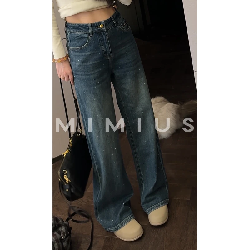 【mimius】P 烫钻高腰加绒直筒百搭牛仔裤 WG10085