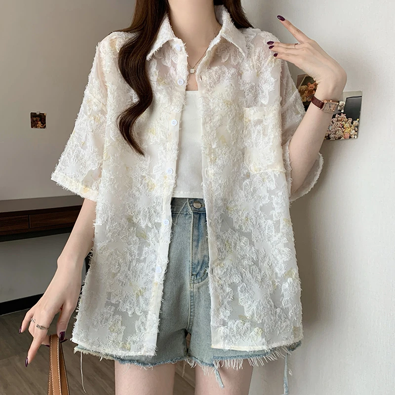 加大码微胖mm轻薄款短袖防晒衬衫女夏季韩版宽松百搭外穿衬衣上衣