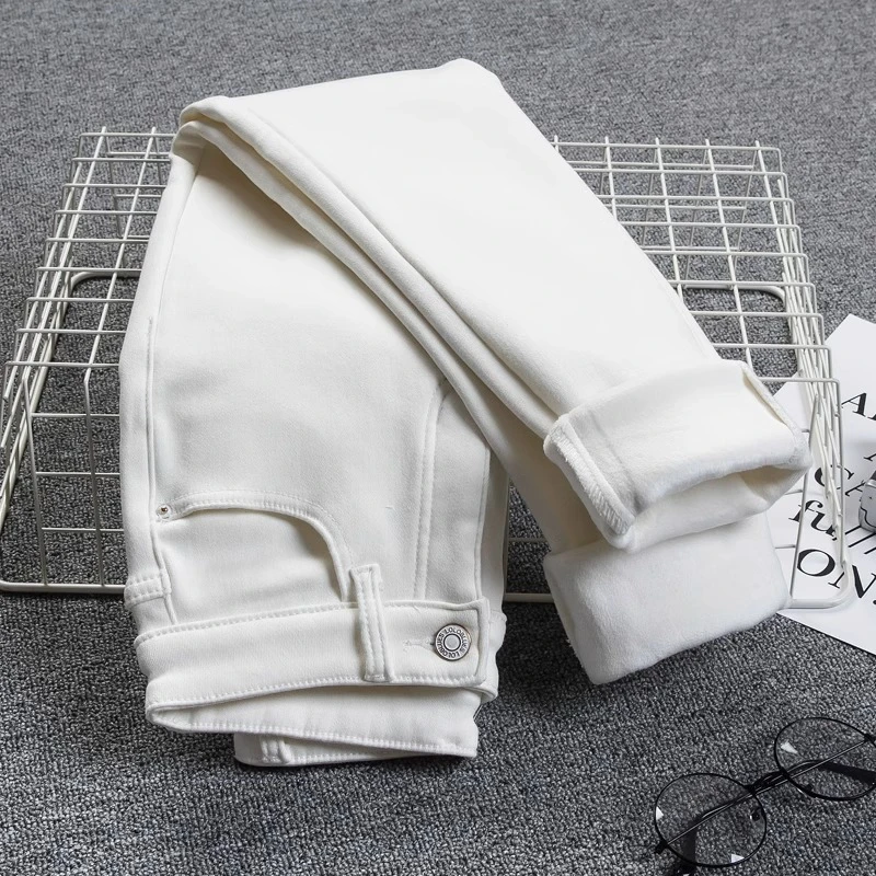 白色爆款牛仔裤女时尚2025年冬季加绒显瘦弹力外穿高腰时尚百搭裤